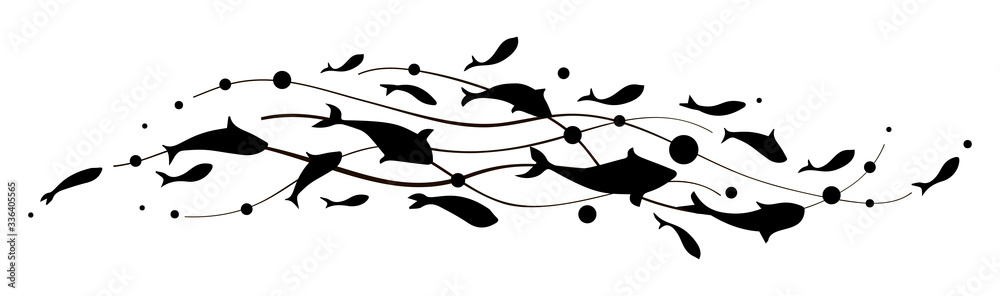 Fish wave. Decorative flock of fish. Logo design template. Vector illustration. - obrazy, fototapety, plakaty 