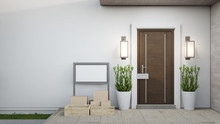 New House With Wooden Door And Empty White Wall. 3d Rendering Of Blank Sign On Patio In Modern Home.