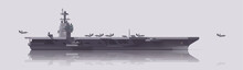 Vector aircraft carrier warship with fighters. Isolated illustration