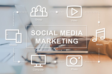 Poster - Social media specialist working with SMM project in office, networking icons on imaginary screen, collage