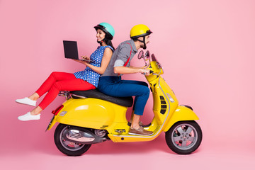 Poster - Full length photo of positive cheerful two people bikers drive yellow chopper woman sit backside browse internet navigate route isolated over pastel color background