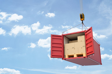 Poster - 3d rendering of open red cargo container full of cardboard packages, suspended from crane.