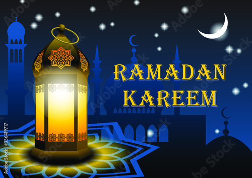 Ramadan Kareem congratulation with burning traditional arabic lantern and silhouettes of mosques and minarets on night sky with stars and moon. 