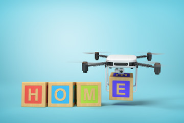 Poster - 3d rendering of word 'HOME' written with ABC blocks, camera drone putting final 'E' at the end, on blue background.