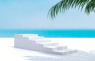 Leinwandbilder - Natural summer beach backdrop with palm tree shadow for product display. Abstract 3d summer scene. sea view.