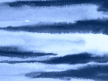 Watercolor Clouds In The Sky. Abstract Indigo Blue Brush Strokes Background