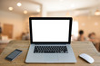 © AlexPhototest - Laptop with blank screen on wooden table
