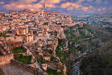 Wall Mural - Matera, Basilicata, Italy: landscape at dawn of the old town called Sassi