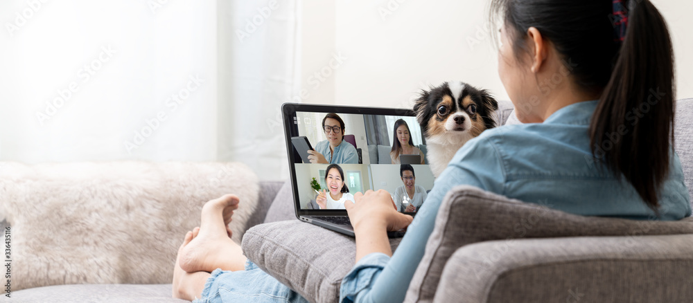 Banner of Asian woman on sofa and team on laptop screen talking and discussion in video conference and dog interruption.Working from home, Working remotely, Pets interruption and Self-isolation. - obrazy, fototapety, plakaty 