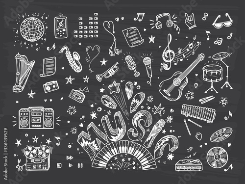 Obrazy instrumenty muzyczne  wektor-zestaw-ikon-muzyki-recznie-rysowane-doodle-instrumenty-muzyczne-retro-sprzet-muzyczny-slowo