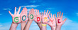 Children Hands Building Colorful Word Goodbye. Blue Sky As Background