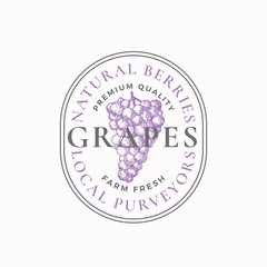 Wall Mural - Grapes Farm Badge or Logo Template. Hand Drawn Berries Sketch with Retro Typography and Borders. Vintage Premium Emblem.