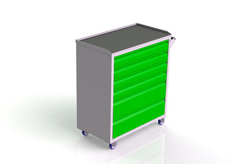 Metal tool cabinet on wheels with drawers. A convenient place for storing tools and spare parts. Metal furniture.  3D-model rendering of the table for shooting from above.