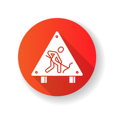 Sticker - Roadsign red flat design long shadow glyph icon. Road works ahead sign. Man digging with shovel. Attention plate for street block. Repair and construction. Silhouette RGB color illustration