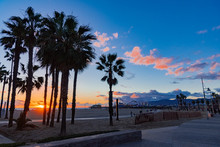 Santa Monica Beach In California At Sunset