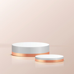 Wall Mural - minimal scene with geometrical forms. white and gold cylinder podiums metal material in cream backgr