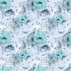   Watercolor seamless pattern of wild poppies and grass