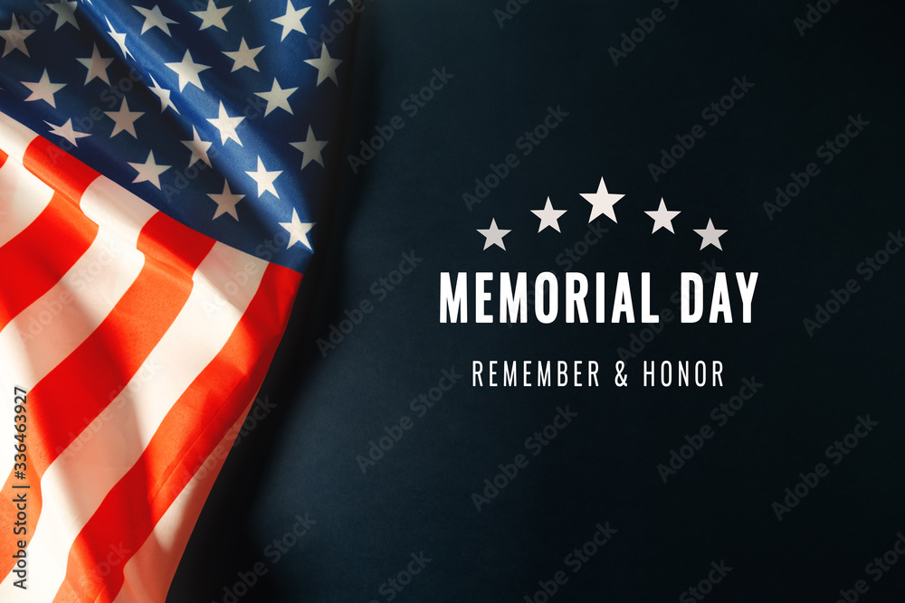 Memorial Day with American flag on blue background - obrazy, fototapety, plakaty 