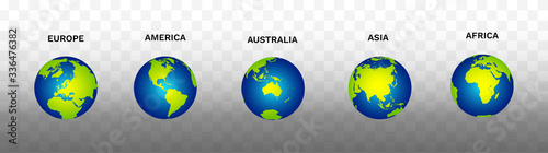Earth Globe Map Vector Illustration Set of Five Continents : America, Australia, Poster Mural XXL
