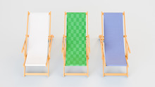 3D Image Front View Of Three Sunbeds With White Green And Blue Fabrics Staying In A Row On Solid Isolated Background