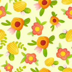 Wall Mural - Bright flowers wild green herbs seamless pattern.