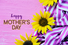 Happy Mothers Day Pink Background With Yellow Sunflower Blooms, Cheerful Holiday Celebration With Copy.