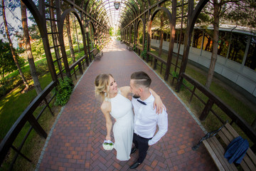 Wall Mural - Beautiful wedding couple, newlyweds are enjoying wedding