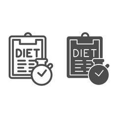 Poster - Diet menu and timer line and solid icon. Menu plan checklist with clock outline style pictogram on white background. Healthy food and dieting for mobile concept and web design. Vector graphics.