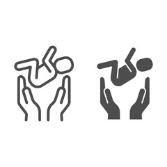 Poster - Hands and the baby line and solid icon. Two hand hold the baby properly outline style pictogram on white background. Baby care signs for mobile concept and web design. Vector graphics.