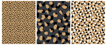 Abstract Leopard Skin Seamless Vector Patterns. White, Brown And Black Irregular Brush Spots On A Gray And Gold Backgrounds.  Abstract Wild Animal Skin Print. Simple Irregular Geometric Design.
