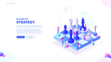 Trendy Flat Illustration. Business Strategy Page Concept. Teamwork And Competition. Chess Game. Chess Pieces. Template For Your Design Works. Vector Graphics.