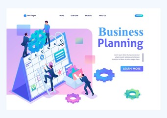 Poster - isometric businessmen make a business plan for the next month. landing page concepts and web design