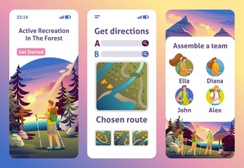 Page Template Mobile App..Active Recreation in the Forest. Man Chooses a Route for Nordic Walking. Flat 2D character