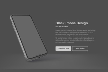 Black vector phone isolated on dark background. Realistic template. Mock up with empty screen for business presentations.