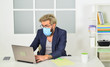 © be free - Stay home. Working from home. Online. Self isolation top response tactic for managing outbreak of COVID 19. Home office. Man wear medical mask work with laptop. Avoid contact with other people