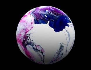 Wall Mural - 3d render of abstract art piece of surreal 3d snow white planet earth moon or satellite with big purple and blue parts as scratches in black outer space