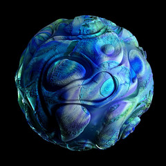 Wall Mural - 3d render of abstract art with surreal 3d planet earth or stone sphere in organic curve round wavy smooth and soft biological forms in rough grunge metal material in blue and green color on black