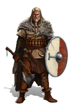 Viking With Ax And Shield On White. Realistic Isolated Illustration.