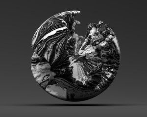 Wall Mural - 3d render of abstract black and white art with damaged sphere, or broken planet earth with big holes, or asteroid with kraters with rough surface in organic pattern, in outer space on grey background