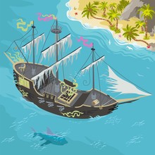 Ghost Ship Isometric Illustration Cartoon Style Vectors On Sea Adventure Fantasy Map And Game Builder With Shark