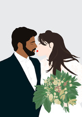 Illustration of happy caucasian bride and Indian groom at their wedding day