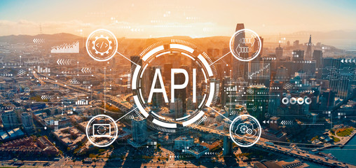 API - application programming interface concept with downtown San Francisco skyline buildings