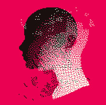 Wireframe Of Human Head Made Of Pixels And Particles. Concept For Artificial Intelligence.