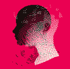 Aufkleber - Wireframe of human head made of pixels and particles. Concept for Artificial Intelligence.