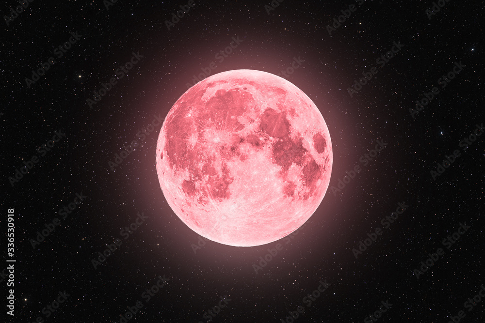 Pink full super moon glowing with pink halo surrounded by stars on black sky background - obrazy, fototapety, plakaty 