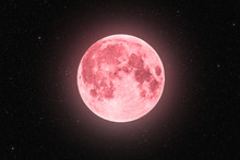Pink Full Super Moon Glowing With Pink Halo Surrounded By Stars On Black Sky Background