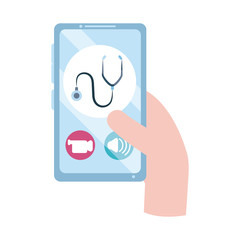 Poster - online doctor, hand with smartphone app consultant medical covid 19, flat style icon