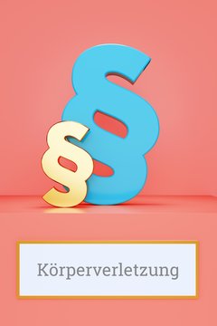 Körperverletzung. Begriff auf Schild. Präsentation von Paragrafen auf Podest in Museum. Symbol für Recht, Gesetz, Urteil. Rosa Hintergrund