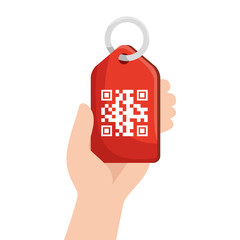 qr code over label and hand design of technology scan information business price communication barcode digital and data theme Vector illustration