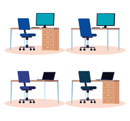 Sticker - set of workplaces with desks and chairs vector illustration design